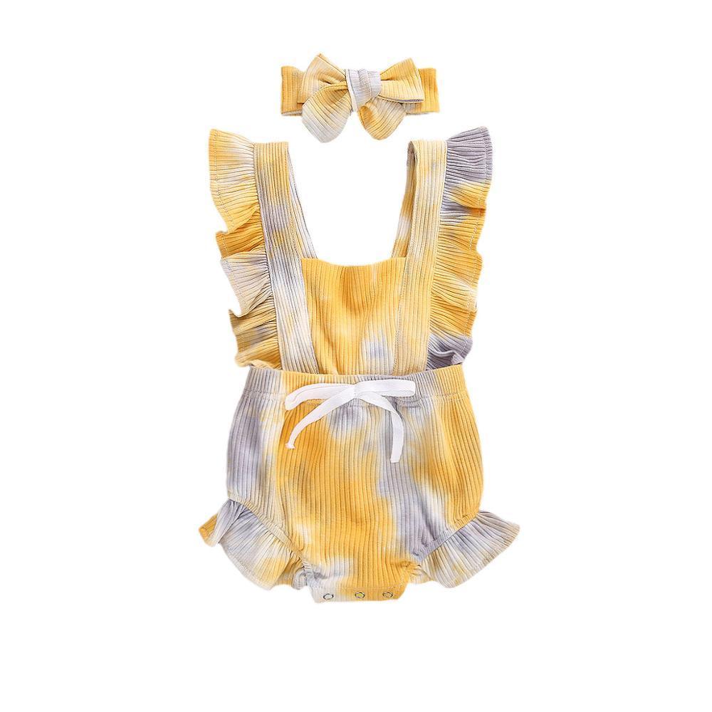 Two-piece toddler romper set by Stevvex with headband, yellow gray tie-dye, ruffle sleeves on Tampa Home & Garden Store
