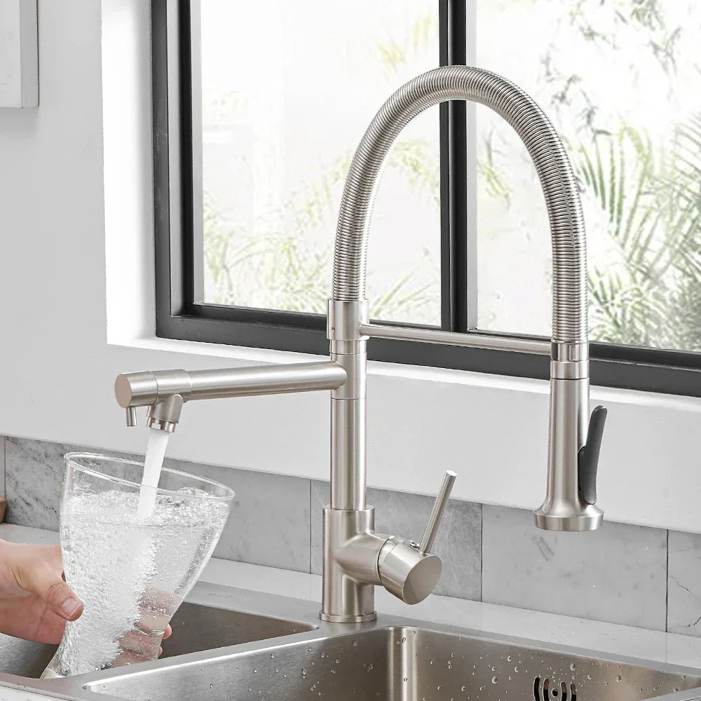 DecorBites stainless steel kitchen mixer tap with gooseneck spray and dual spouts on Tampa Home & Garden Store