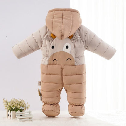 Stevvex baby puffer snowsuit with hood in beige tan, cute animal face design for babies on Tampa Home & Garden Store