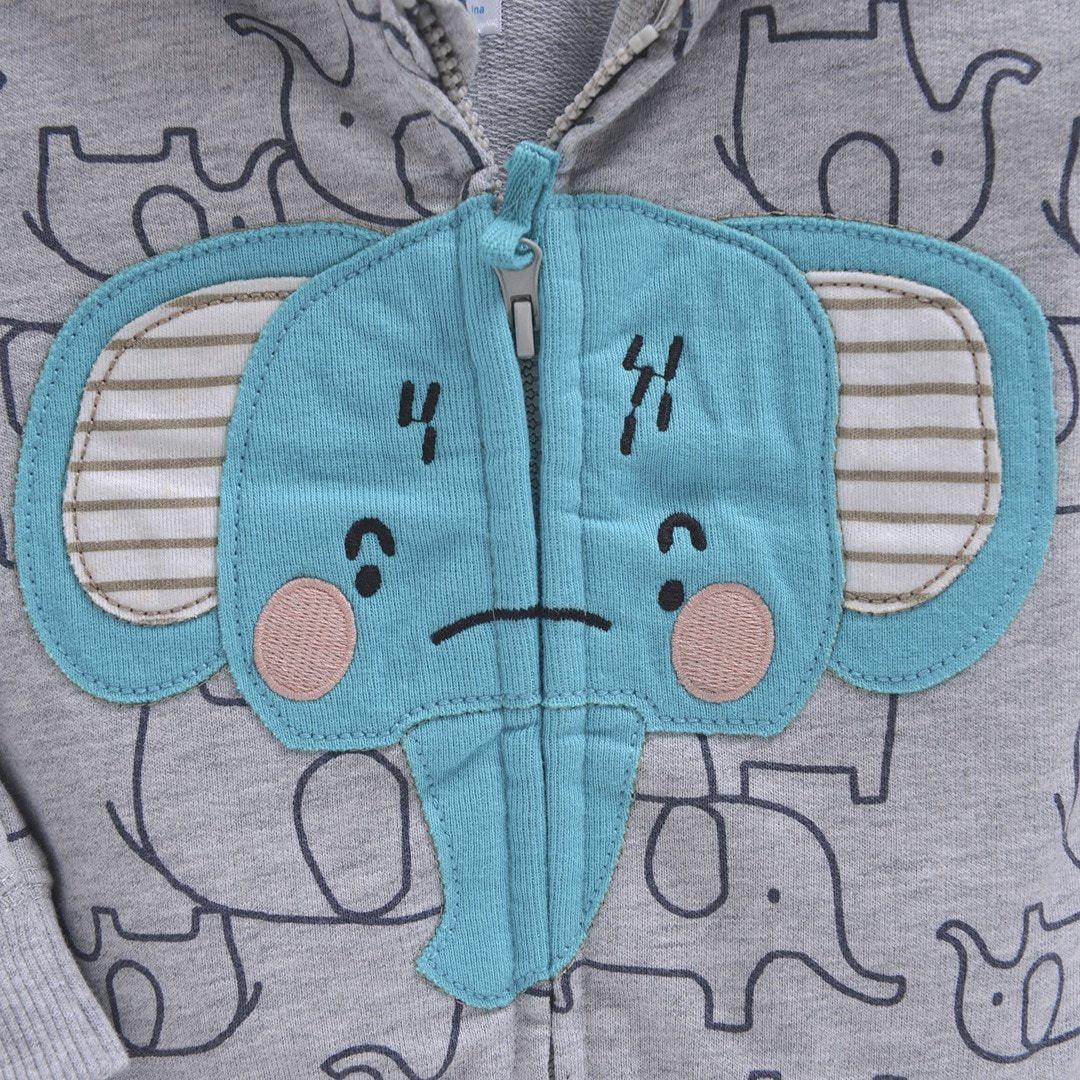 Stevvex baby hoodie with blue elephant face applique on gray zip-up sweater on Tampa Home & Garden Store