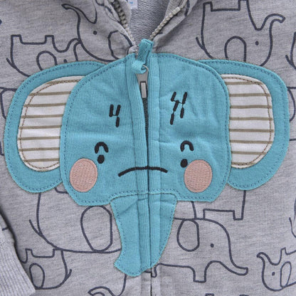 Stevvex baby hoodie with blue elephant face applique on gray zip-up sweater on Tampa Home & Garden Store