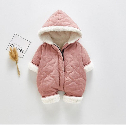 Stevvex pink quilted cotton baby jumpsuit with hood and white faux fur trim on Tampa Home & Garden Store