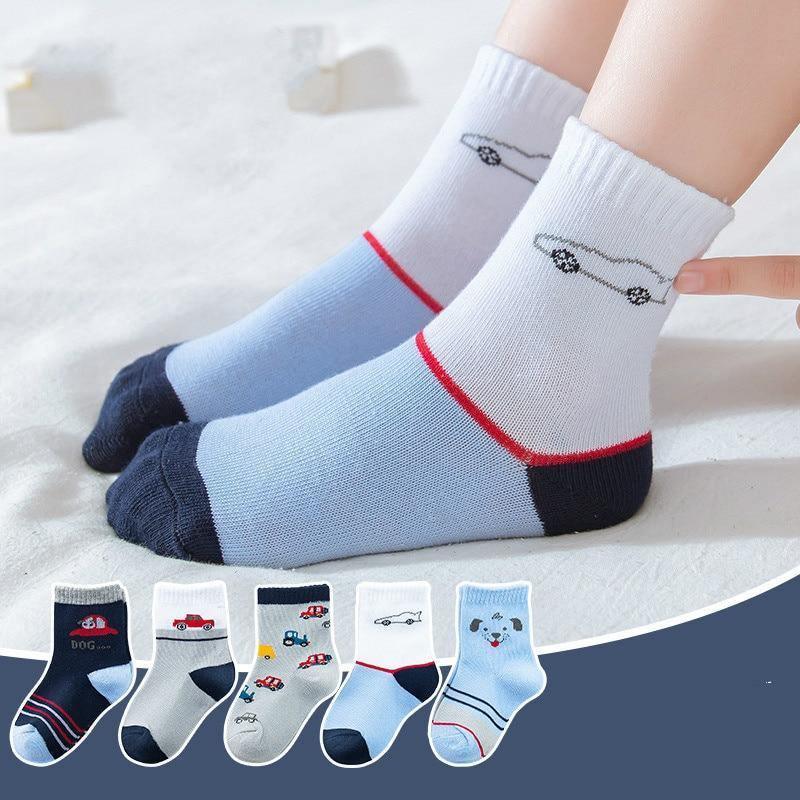5-pair Stevvex baby boys winter socks set with cartoon cars and bear designs, breathable cotton on Tampa Home & Garden Store