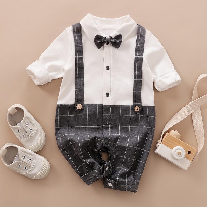 Stevvex baby boy romper with white shirt top, gray plaid suspender shorts, bow tie on Tampa Home & Garden Store
