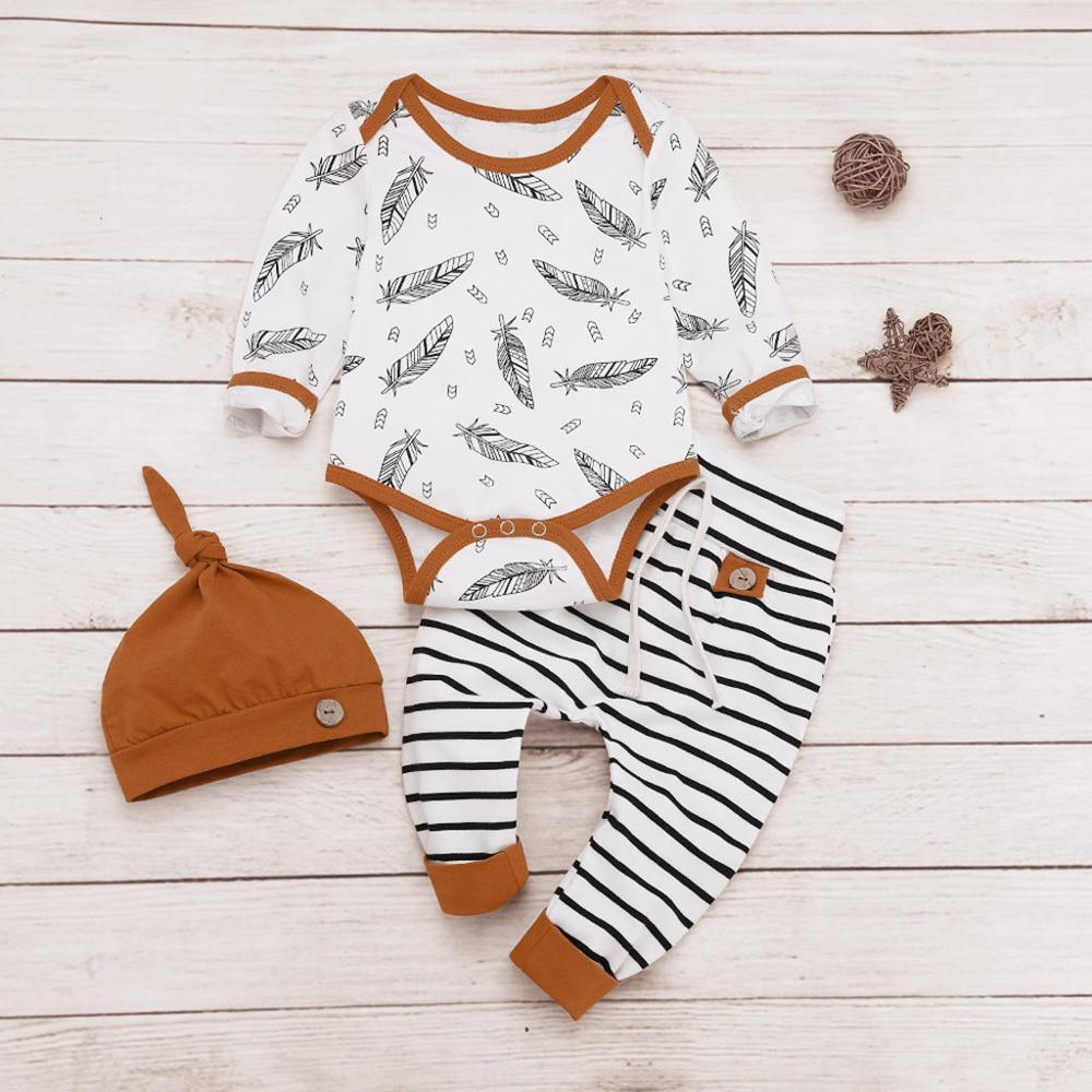 Newborn baby boy 3pc outfit: Stevvex feather T-shirt with rust trim and striped pants, rust hat on Tampa Home & Garden Store