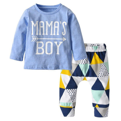 Newborn baby boy outfit: light blue long-sleeve shirt with MAMA'S BOY and triangle pants on Tampa Home & Garden Store