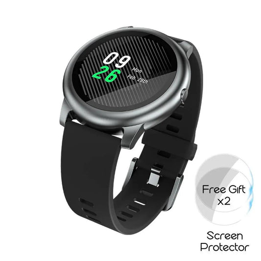 Stevvex Solar Smart Watch with black sport band, round metal bezel, IP68 waterproof, iOS/Android on Tampa Home & Garden Store