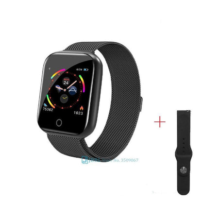 Stevvex smart watch with stainless steel mesh band, black square face, and extra silicone strap on Tampa Home & Garden Store