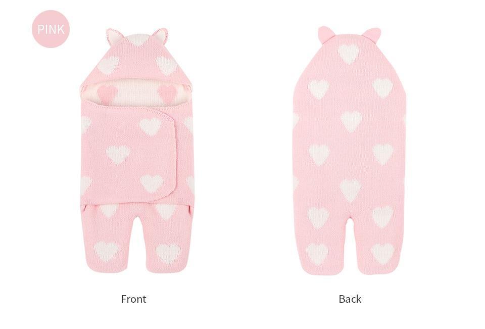 Stevvex baby sleeping bag pink knitted envelope with white hearts, hooded swaddle style on Tampa Home & Garden Store