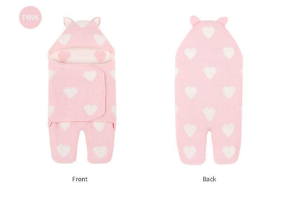 Stevvex baby sleeping bag pink knitted envelope with white hearts, hooded swaddle style on Tampa Home & Garden Store