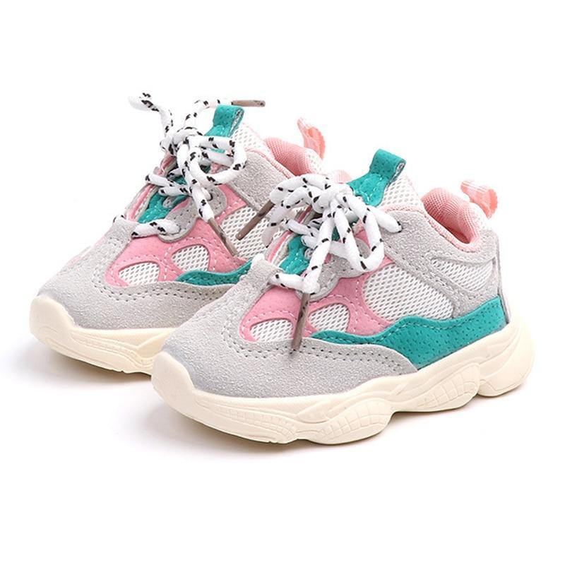 Toddler sneakers patchwork pair in gray pink teal Stevvex lace-up kids shoes on Tampa Home & Garden Store