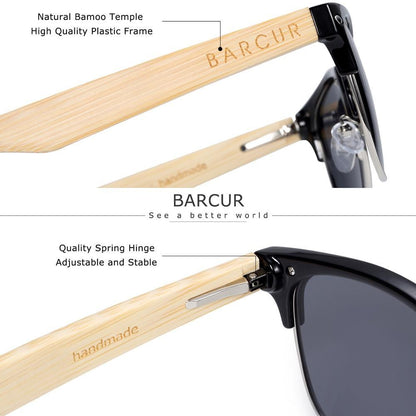 Bamboo sunglasses by Barcur with black frame and bamboo temples, polarized UV400 lenses on Tampa Home & Garden Store