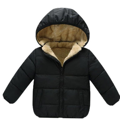 Infant Stevvex black puffer jacket with hood and beige faux fur lining on Tampa Home & Garden Store
