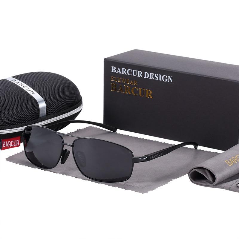 Rectangular polarized sunglasses with UV400 lenses, black frame, Barcur case on Tampa Home & Garden Store