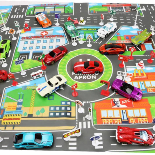 Traffic road carpet play mat with colorful city streets and multiple toy cars for babies Stevvex on Tampa Home & Garden Store