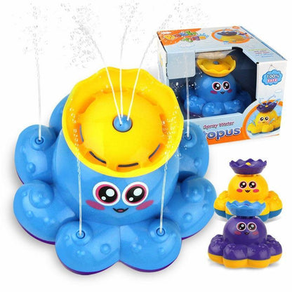 Stevvex blue octopus bath toy with yellow top cap sprays water jets; includes purple boats on Tampa Home & Garden Store