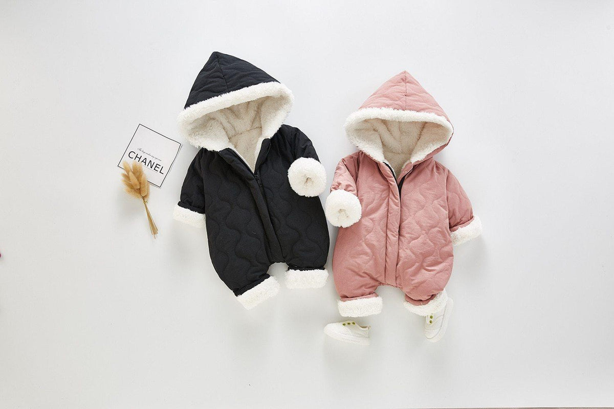 Baby plush cotton jumpsuits black and pink hooded with white fur trim, 2pc Stevvex on Tampa Home & Garden Store