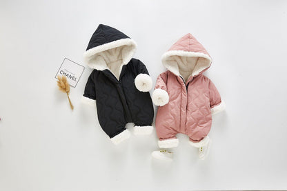 Baby plush cotton jumpsuits black and pink hooded with white fur trim, 2pc Stevvex on Tampa Home & Garden Store