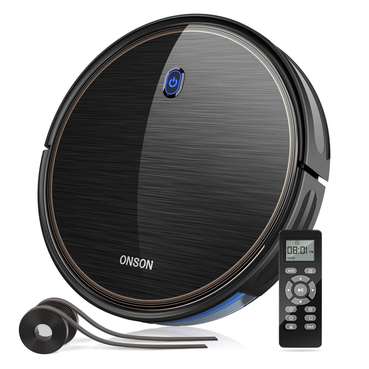 ONSON J10C robot vacuum cleaner with black brushed finish and remote control on Tampa Home & Garden Store