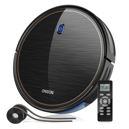 ONSON J10C robot vacuum cleaner with black brushed finish and remote control on Tampa Home & Garden Store