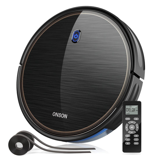ONSON J10C robot vacuum cleaner with black brushed finish and remote control on Tampa Home & Garden Store