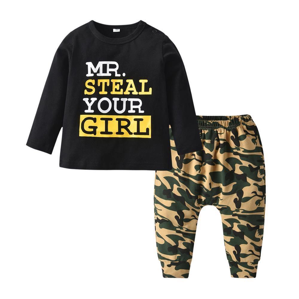 Newborn boy clothes set: Stevvex black long-sleeve tee MR STEAL YOUR GIRL + camo pants on Tampa Home & Garden Store