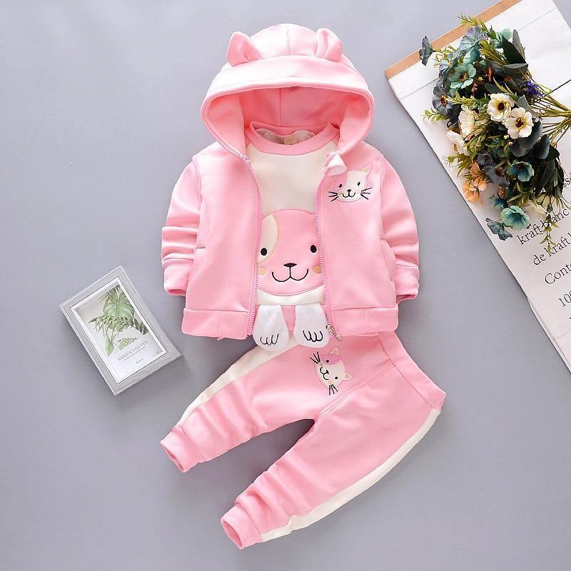 Stevvex baby three-piece pink hooded sweater set with bear and fox prints; jacket, top, and pants on Tampa Home & Garden Store