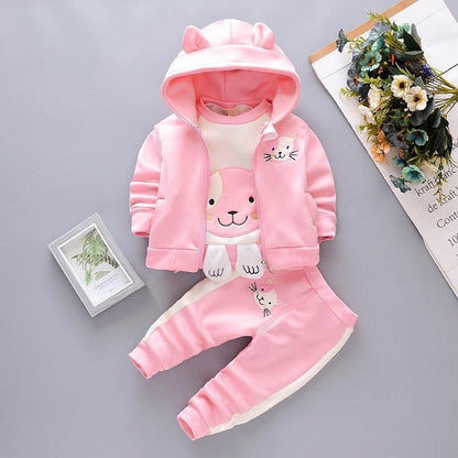 Stevvex baby three-piece pink hooded sweater set with bear and fox prints; jacket, top, and pants on Tampa Home & Garden Store