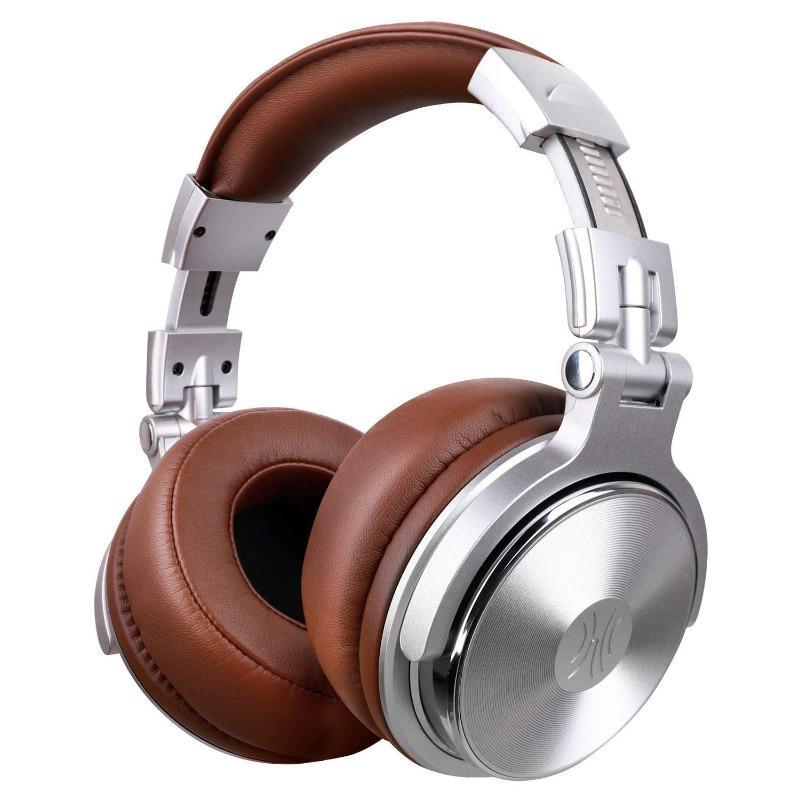 Stevvex studio professional DJ headphones with brown leather ear cups and silver metal frame on Tampa Home & Garden Store