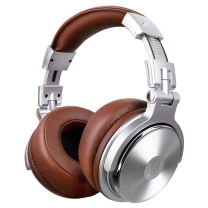 Stevvex studio professional DJ headphones with brown leather ear cups and silver metal frame on Tampa Home & Garden Store