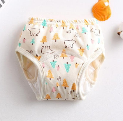 Stevvex 8-layer reusable baby cloth diaper with leak-proof side in white with bear & tree print on Tampa Home & Garden Store
