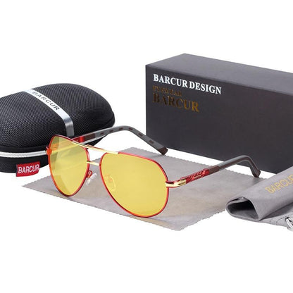 Barcur Design sunglasses with yellow mirrored lenses and red-gold metal frame includes case on Tampa Home & Garden Store
