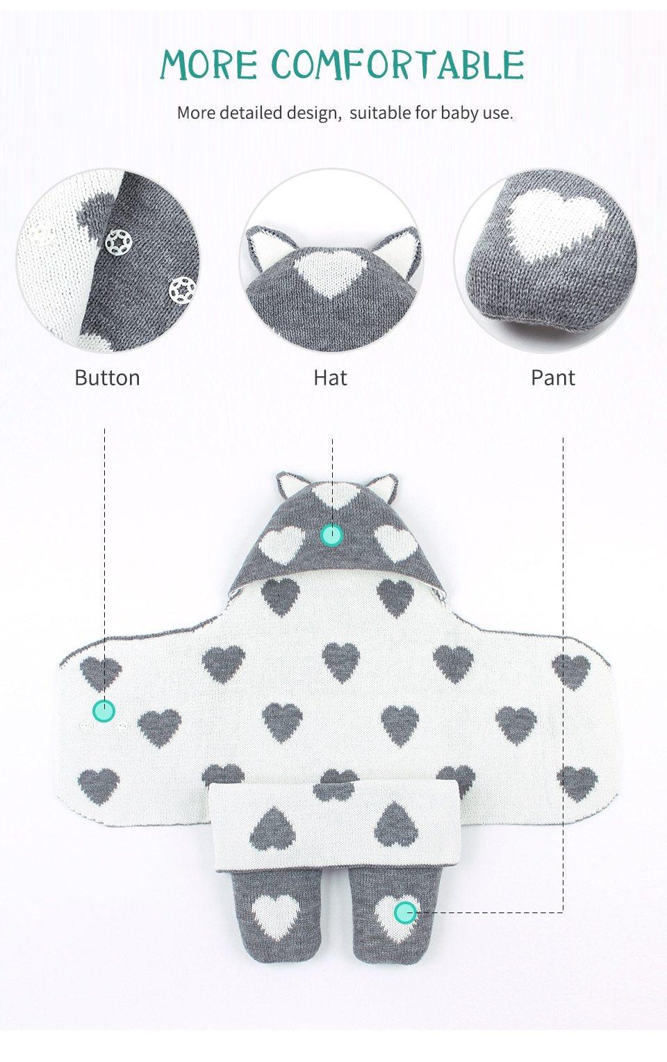 Baby sleeping bag envelope knitted gray with white heart pattern, hooded swaddle Stevvex on Tampa Home & Garden Store