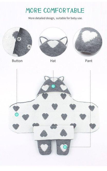 Baby sleeping bag envelope knitted gray with white heart pattern, hooded swaddle Stevvex on Tampa Home & Garden Store