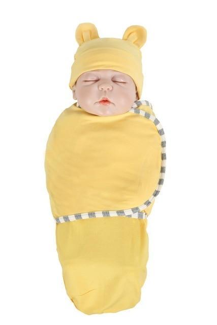 Stevvex newborn swaddle blanket set in yellow with bear-ear hat and striped trim sleeping bag wrap on Tampa Home & Garden Store