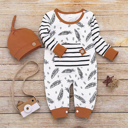 Newborn baby outfit set Stevvex white feather print with black striped sleeves and brown cuffs on Tampa Home & Garden Store