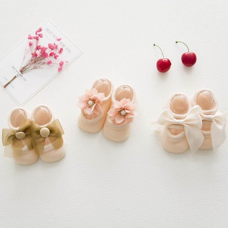 Stevvex baby girl anti-slip cotton socks set of 3 with bow and flower accents peach ivory on Tampa Home & Garden Store