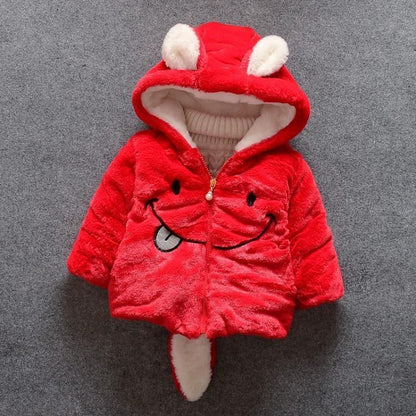 Red baby girl rabbit-hooded plush jacket with white fleece lining and bunny ears zip front on Tampa Home & Garden Store