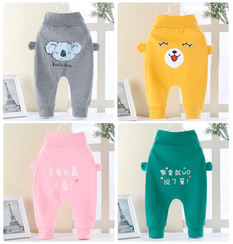 Stevvex baby pants set of 4: grey koala, yellow bear, pink script, teal with bear ears on Tampa Home & Garden Store