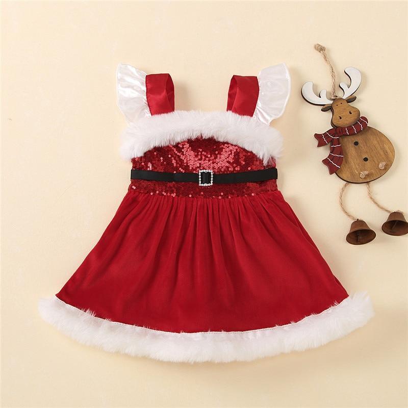 Stevvex baby girls Christmas romper dress with red sequin bodice, white fur trim, black belt on Tampa Home & Garden Store