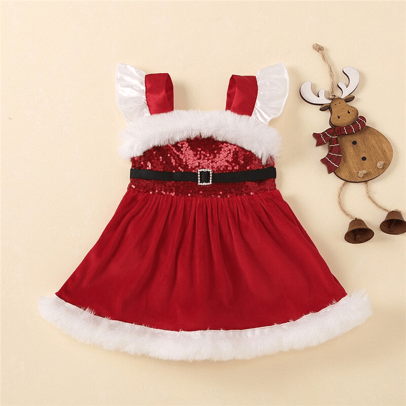 Stevvex baby girls Christmas romper dress red sequin bodice, faux fur trim, black belt on Tampa Home & Garden Store