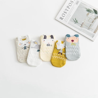 Stevvex five-pair set of thin combed cotton baby socks with animal faces in pastel colors on Tampa Home & Garden Store