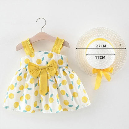Stevvex lemon print baby girl dress set with yellow bow belt; includes straw hat on Tampa Home & Garden Store