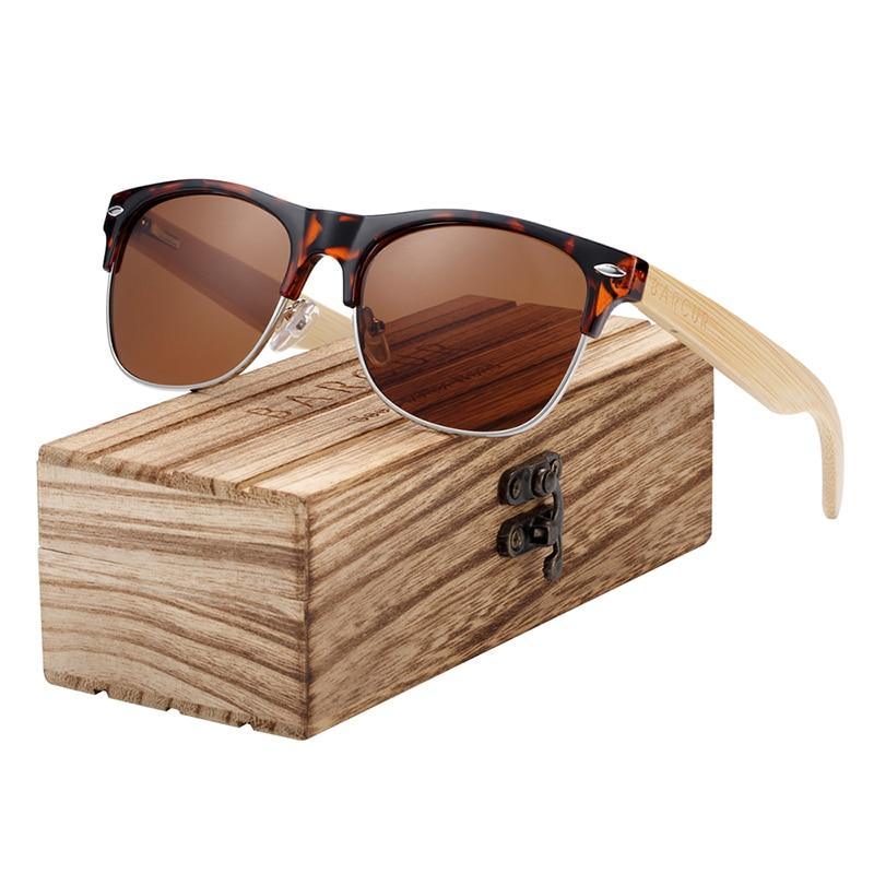 Stevvex bamboo polarized wood sunglasses brown lenses with bamboo temples on a wooden box on Tampa Home & Garden Store