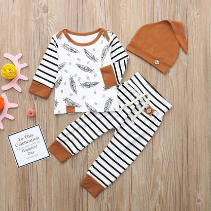 Newborn baby boy outfit set: feather print white tee with brown cuffs, striped pants by Stevvex on Tampa Home & Garden Store