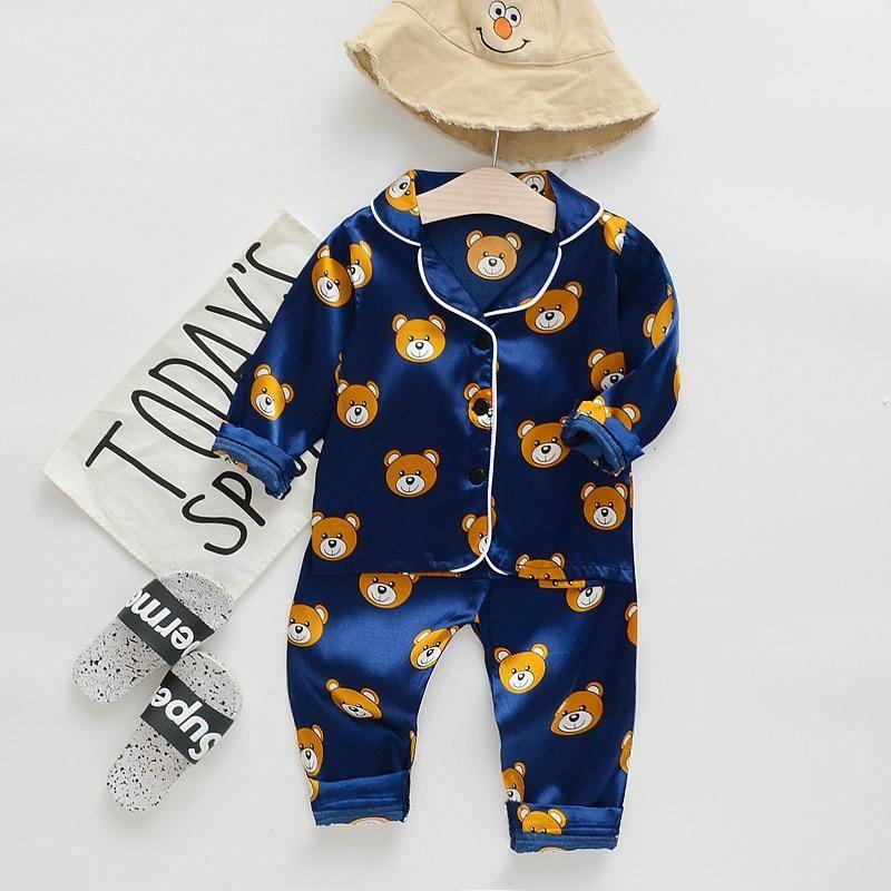 Pajama set Stevvex navy blue ice silk satin with bear cartoon prints top and pants for kids on Tampa Home & Garden Store