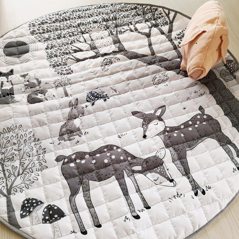 Play mat with Nordic forest animals, round soft cotton quilted crawling mat in grayscale on Tampa Home & Garden Store