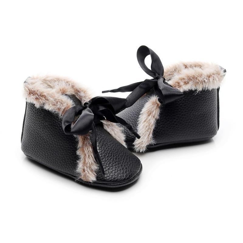 Stevvex baby PU boots, black faux leather with fur lining, bowknot lace-up, 2-pc set on Tampa Home & Garden Store