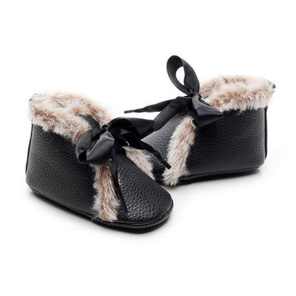Stevvex baby PU boots, black faux leather with fur lining, bowknot lace-up, 2-pc set on Tampa Home & Garden Store