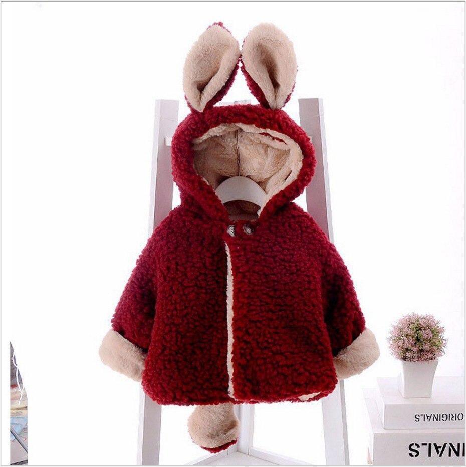 Baby girl bunny hooded jacket in red plush sherpa with beige lining on Tampa Home & Garden Store